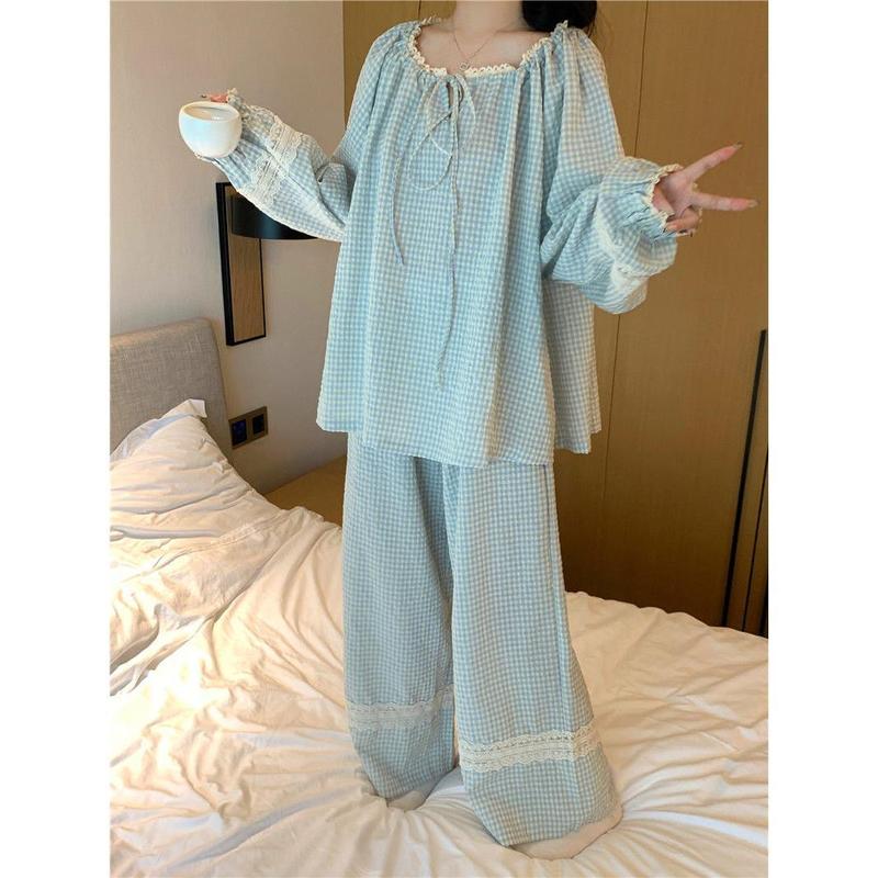 Bộ Đồ Ngủ, Phong Cách Hàn Quốc, Mùa Xuân Và Mùa Thu, Thiết Kế Dáng Rộng Rãi, Họa Tiết Lưới, Chi Tiết Ren Ngọt Ngào, Có Cà Vạt Ren. Bộ Áo Dài Tay Và Quần Dài, Tạo Cảm Giác Thoải Mái Và Phong Cách 4