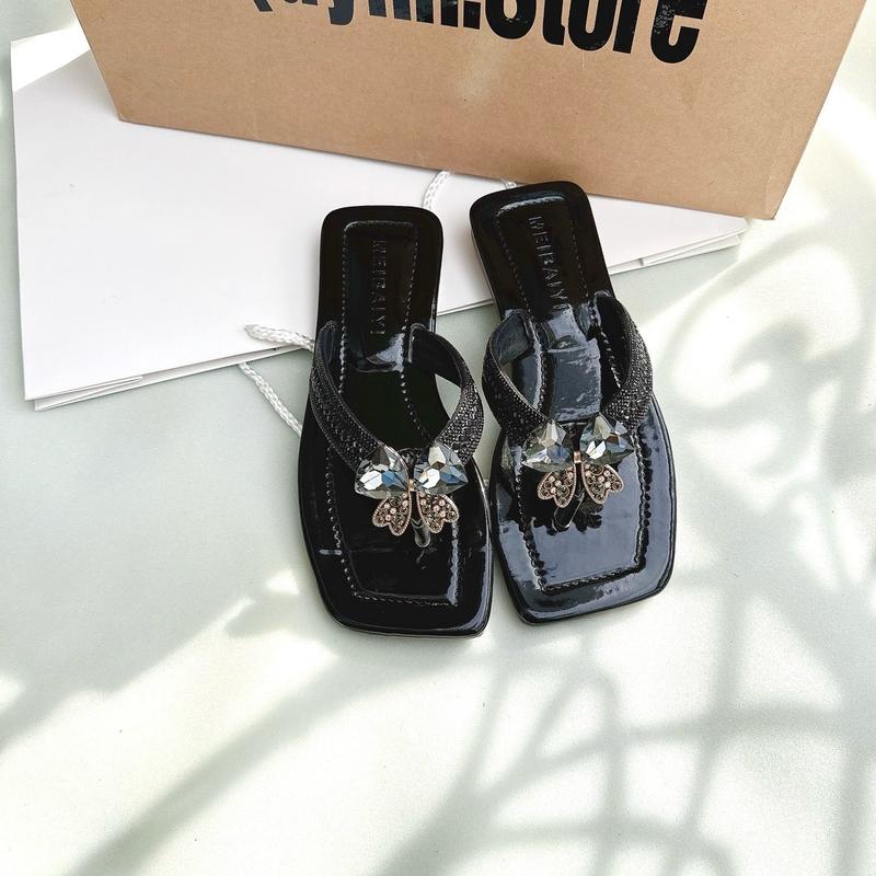  Dép Tông Kẹp Nữ Mũi Vuông Dây Đá To Gắn Khoá Nơ To Đá Sáng Đế Chống Trơn Trượt DéP Shoes 