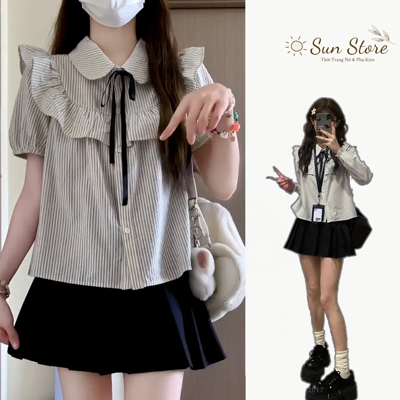 Set 2 chi tiết áo sơmi kẻ viềm bèo cài nơ tay bo chun và chân váy xếp ly tenis có quần trong dễ thương trẻ trung cho đi chơi đi học phong cách Hàn Quốc