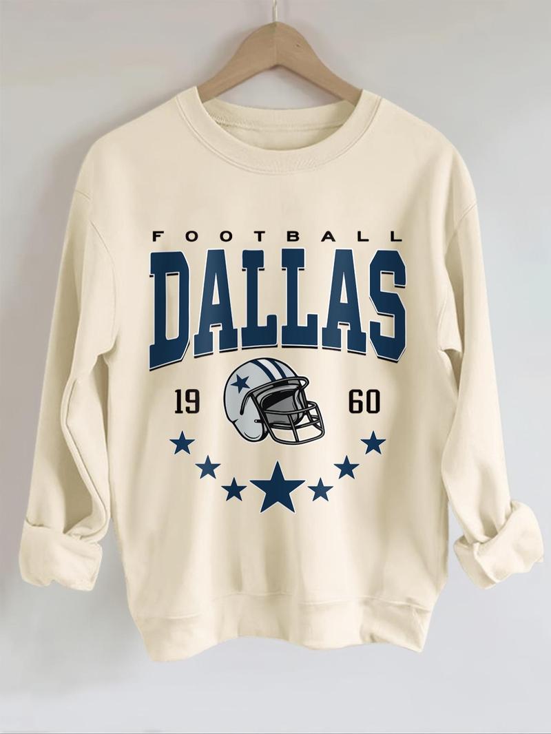 Product Introduction of Women's Vintage Dallas Football Crew Neck Sweatshirt, Casual Letter & Star Print Long Sleeve Pullover for Fall & Winter, Women's Clothes for Daily Wear 1