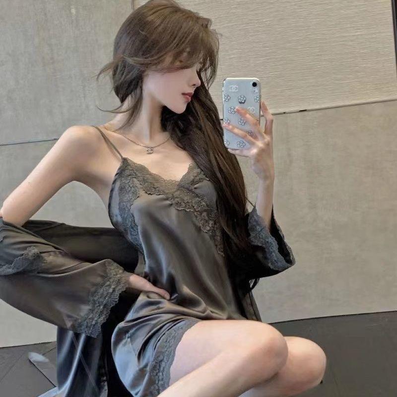 Váy Ngủ Mượt Mà Cảm Giác Băng Ren, Bộ Hai Mảnh, Phong Cách Mỏng Mùa Thu, Dây Đeo Mặt Dây Chéo Quyến Rũ, Váy Ngủ Mặc Nhà, Thích Hợp Cho Năm 2024 3