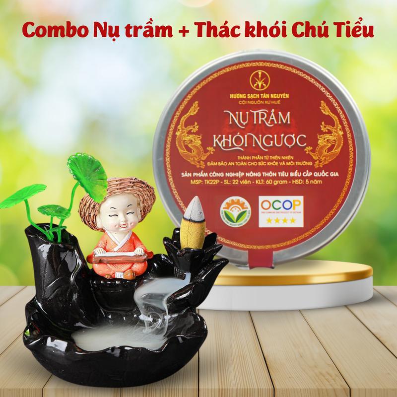 Combo Thác khói Chú tiểu và nụ trầm hương Tân Nguyên, nụ trầm khói ngược hộp 22 viên xông thư giãn, thiền định Dầu Thơm Phòng Dầu Thơm