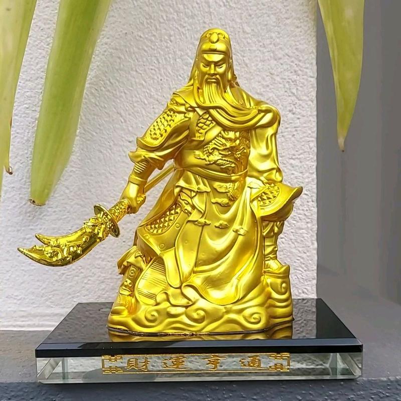 Tượng Quan Công (Hợp Kim Đồng)  màu vàng đẹp Tài Vận Thông Hanh trang trí ô tô, bàn làm việc, kệ tủ kính trưng bày - Hợp kim đồng cao 14cm - Decor Phòng, Decor Trang Trí Nhà mô hình ngôi