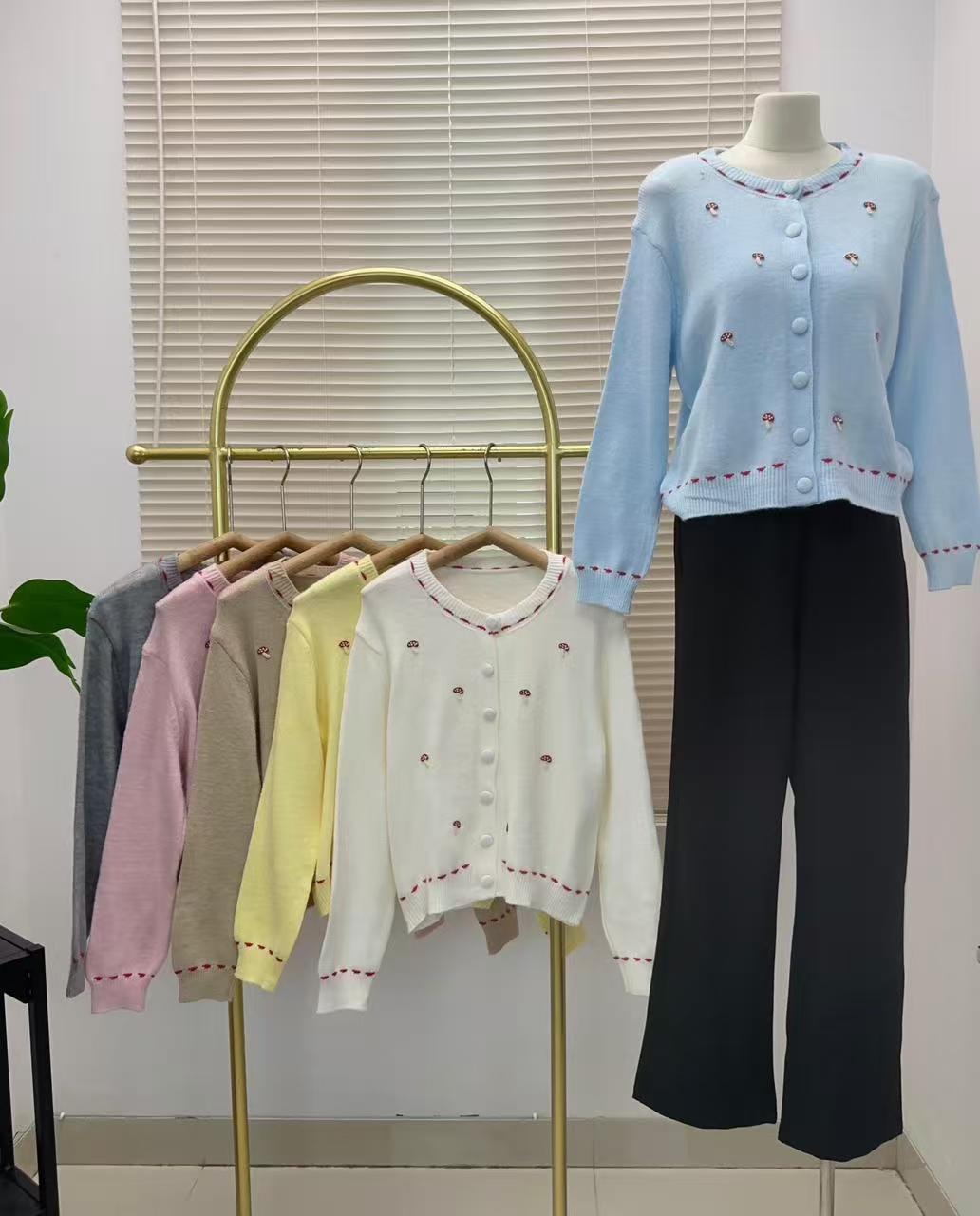 Mushroom Embroidered Casual Outer Knitwear Cardigan Atasan Wanita Autumn Gentle Loose Lazy Sweater Coat Top