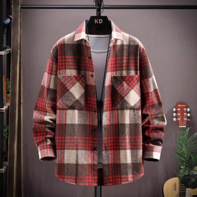 Product Introduction of Plaid Long Sleeve Shirt for Men Loose Red Retro Trendy Casual Spring Autumn Stylish Turn-down Collar Shirt Jacket Trendy Parent 8