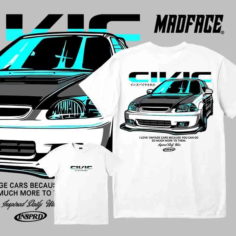 Kaos pira MADFACE Civic Vintage Cars T Printed Kaos Short Sleeve Shirt Casual Baju Lelaki clothes dewasa