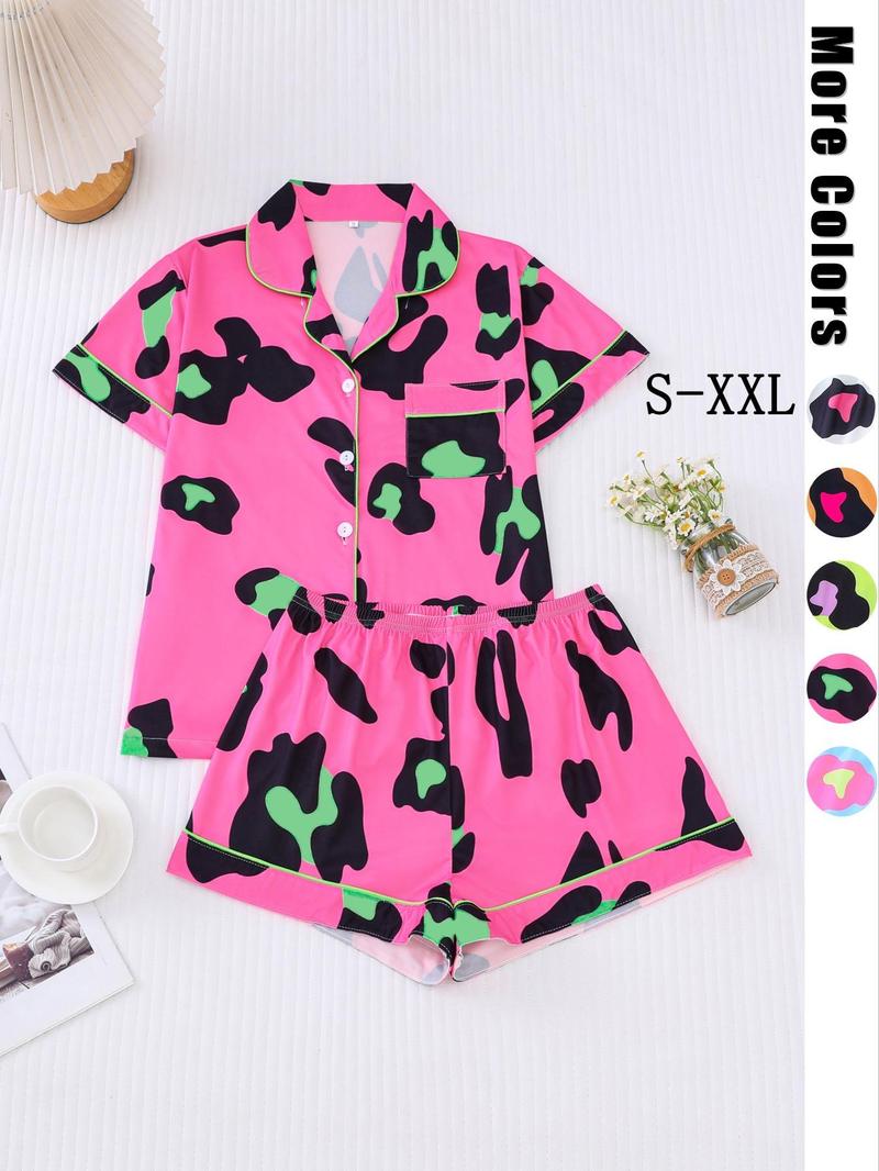 Product Introduction of Two-piece Set Women's All Over Leopard Print Contrast Binding Lapel Shirt & Shorts Pyjama, Casual Comfy Short Sleeve Pocket Top & Shorts Pj Set, Pajamas, Ladies Sleepwear for All Seasons, Pajamas 1