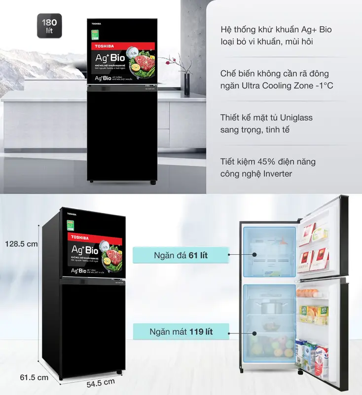 Tủ lạnh Toshiba Inverter 180 lít GR-B22VU(UKG) - Hàng chính hãng, bảo hành 2 năm 1