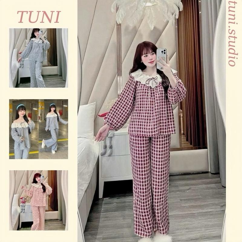 Bộ Đồ Ngủ Kẻ Caro Thắt Nơ Xinh Xắn Áo Tay Dài Quần Dài Nữ Women Tuni.studio T05caro