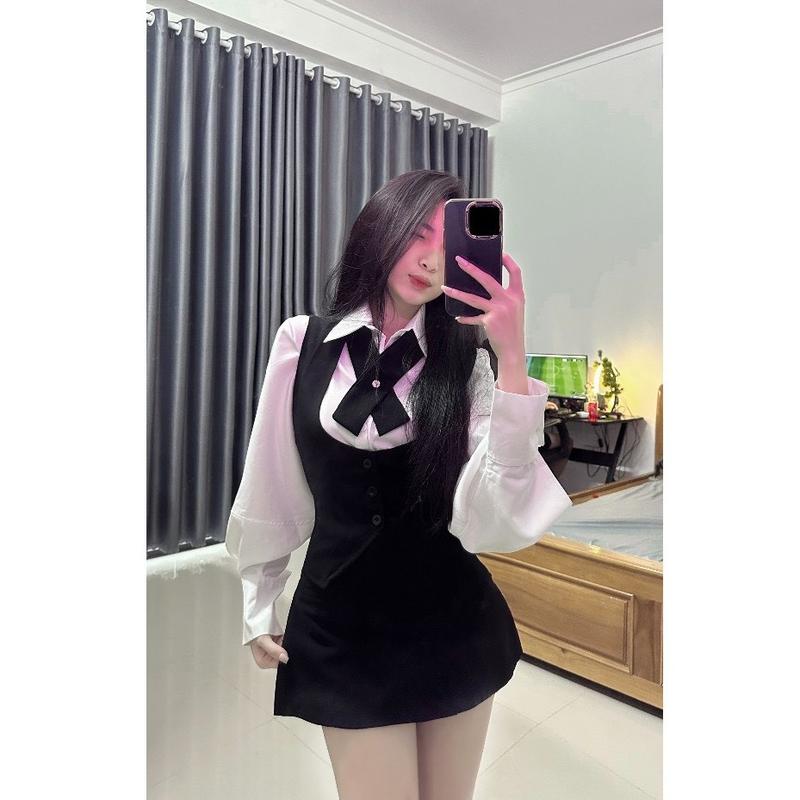 BIGSIZE HIẾU HIẾU (55-95KG) - Set bộ nữ 3 món tiểu thư Áo gile buộc eo + Chân váy lưng cao + Áo sơ mi trắng tay dài kèm cà vạc chéo