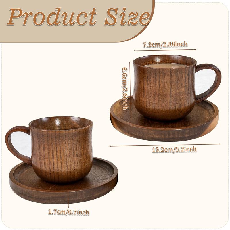 Wooden Handle Coffee Cup & Coasters Set, 2/4 Counts/set Vintage Tea Cup, Multi-purpose Drinking Cup for Home Office Use 1