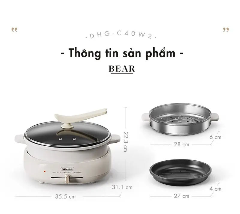[HẤP-LẨU-NƯỚNG] Nồi Lẩu Nướng Bear 3 Khay DHG-C40W2, Dung Tích Lẩu 4L, Công Suất 1500W, Khay Lẩu/Hấp/Nướng, Nồi Lẩu Điện Hỗ Trợ Nấu Ăn, Chống Dính, Xửng Hấp To, Chiên/Xào/Nấu/Nướng Đều Được, Có Thể Để Nồi Khác Lên Nấu, Bảo Hành 18 Tháng Nồi Điện bếp  lẩu 1