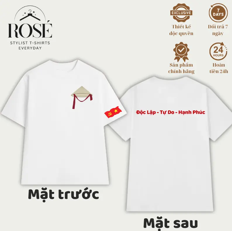 Áo thun ROSE SHOP in hình nón lá yêu nước Độc lập - Tự do - Hạnh phúc HOT TREND 2025 | Áo thun in nhiệt Hàn Quốc, chất vải cotton co dãn 2 chiều 220 gsm, mát mẻ thông thoáng, siêu mịn siêu mát - Top, Cổ Tròn, Unisex Menswear Nam