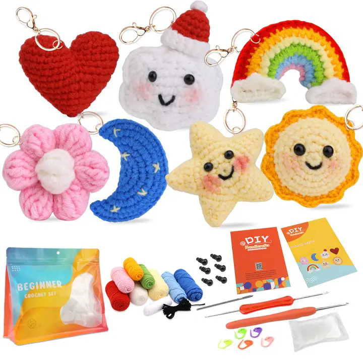 Cute Sun Rainbow Star Moon Heart Pendant Keychain Accessories Handmade Yarn Crochet Kit for Students and Adults Handmade Toys