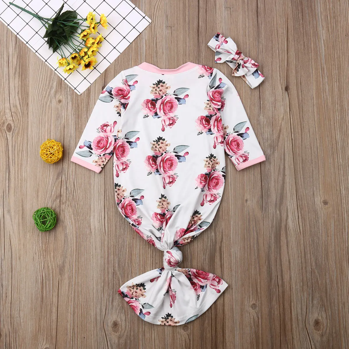 Baby Sleeping Bag with Beanie Hat & Hair Band, Long Sleeve Envelope Neckline Sleepwear, Plaid/Floral Printed Stretchy Nightgown