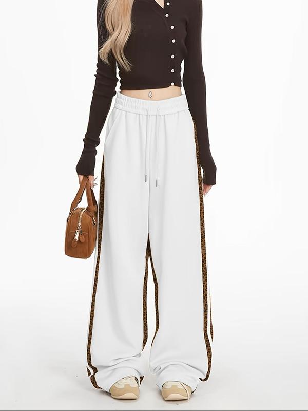 Women's Fashionable Leopard Print Sweatpants, Casual Versatile Loose Colorblock Sweatpants, Side Stripes Straight Leg Pants for Fall & Winter 3