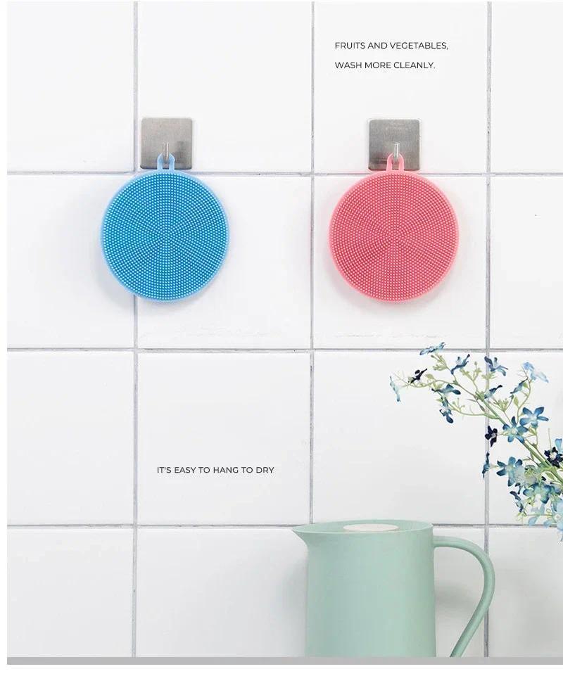 Product Introduction of 3Pcs Kitchen Cleaning Brush Silicone Dishwashing Brush Fruit Vegetable Cleaning Brushes Pot Pan Sponge Scouring Pads Table Mat 13
