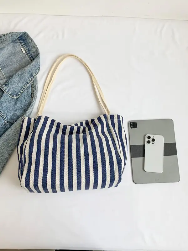 Men's Casual Striped Pattern Tote Bag, Large Capacity Shoulder Bag for Daily Used & Work, Casual Trendy Versatile High-quality Daily Commuting Bag 2