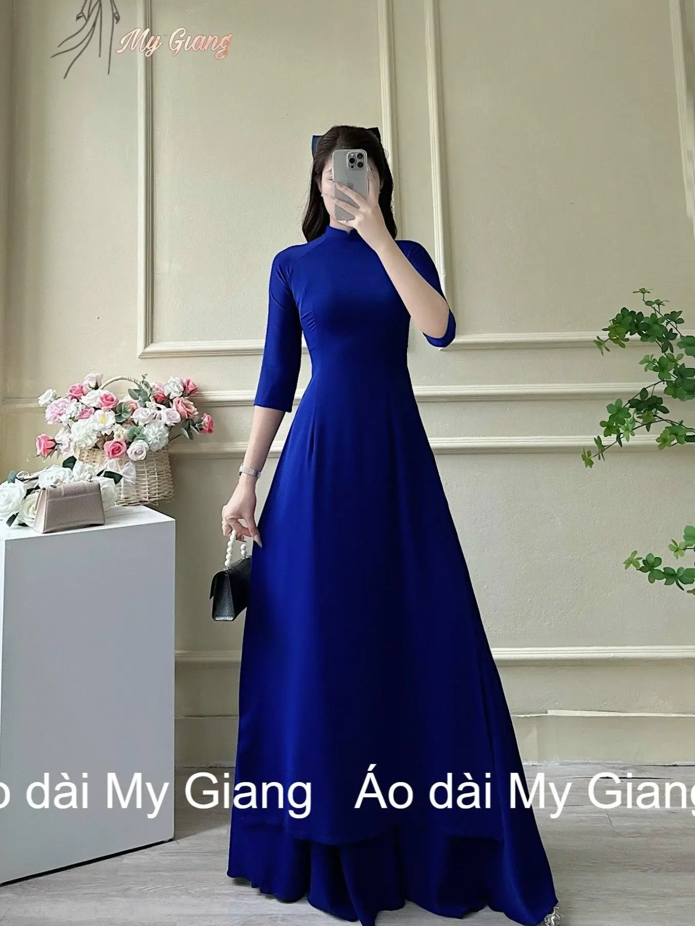 (AD01) Bộ áo dài trơn quần váy lụa Mỹ cao cấp (Áo dài My Giang)