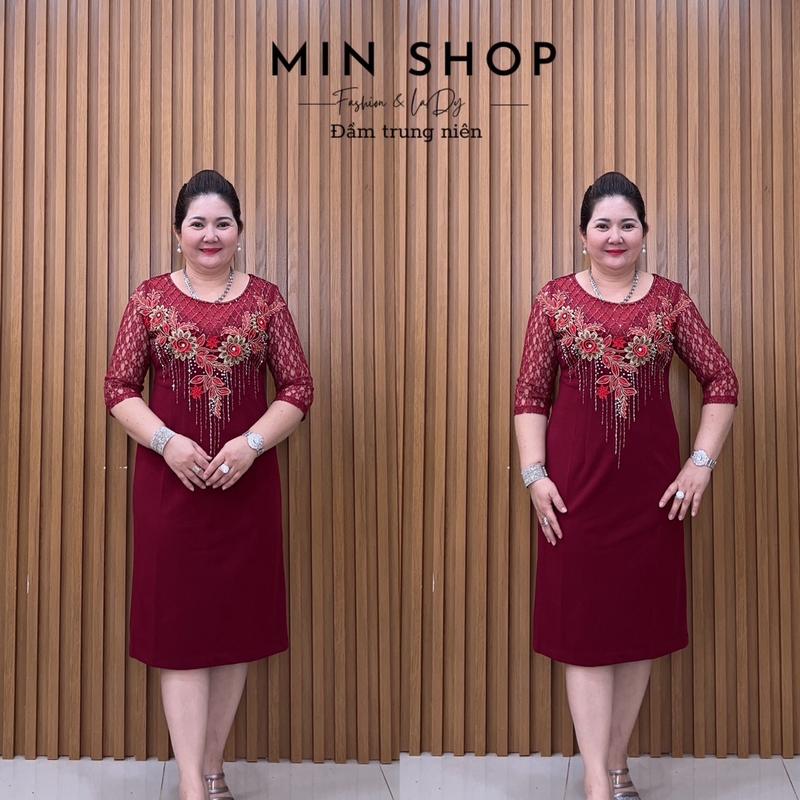 Đầm body trung niên cao cấp hoa ren kết đá cổ 3D Min Shop - Voan, Nữ Women Sen Dress Voi Kem Hoa Sen Đen Đỏ 5