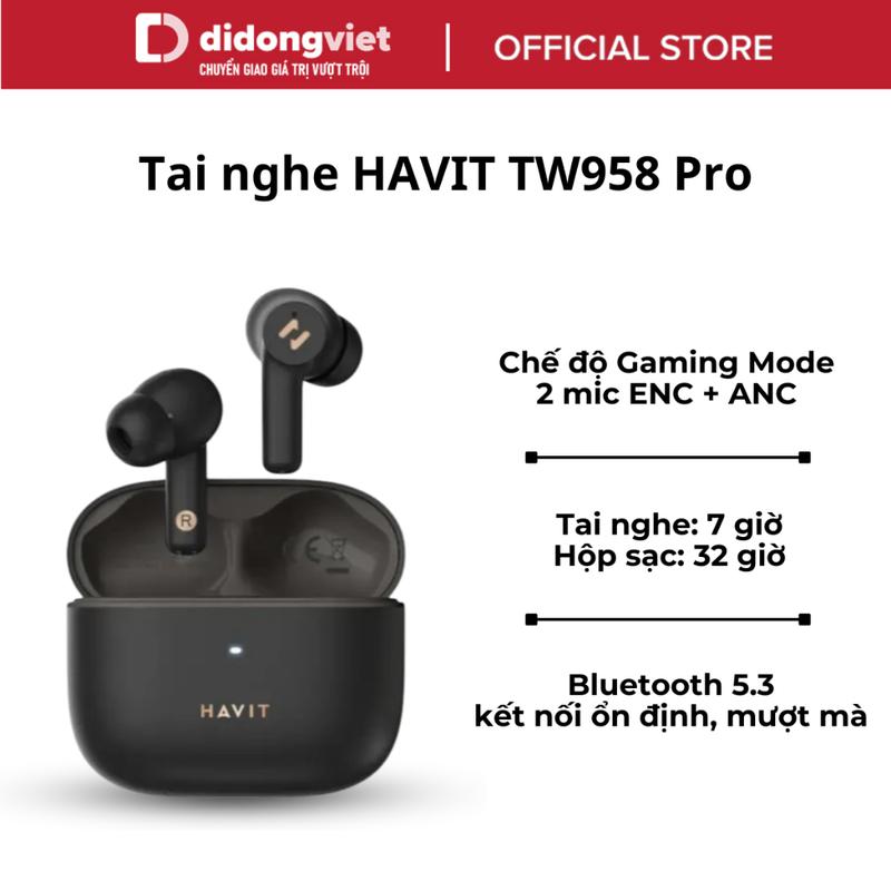 Tai nghe True Wireless HAVIT TW958 Pro | 2 Mic chống ồn ENC - Bluetooth 5.3 - Nghe nhạc lên đến 7h | Bảo hành 12 tháng Không Dây