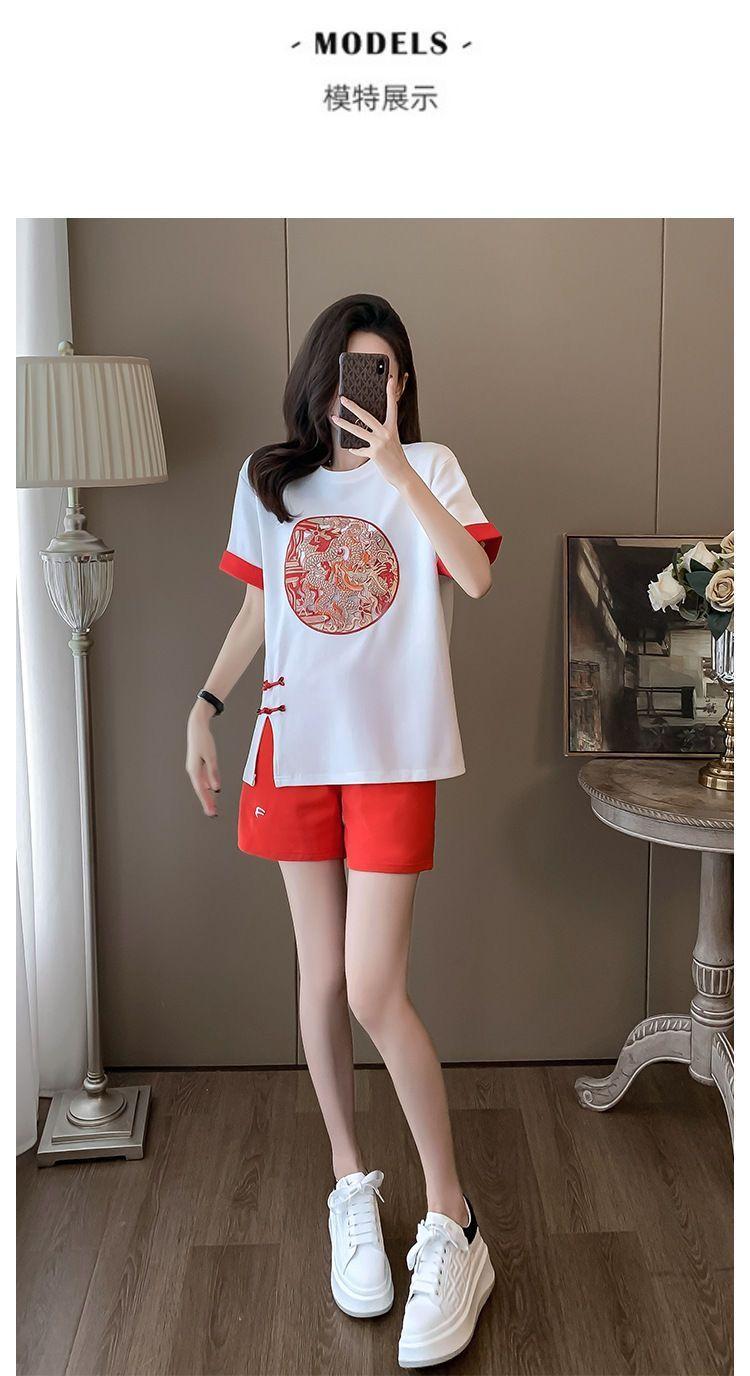 Product Introduction of New Chinese Casual Graceful Fashionable Set Women's Summer Short Sleeve Shorts Red Chinese Style Sports Popular Two-Piece Set 11