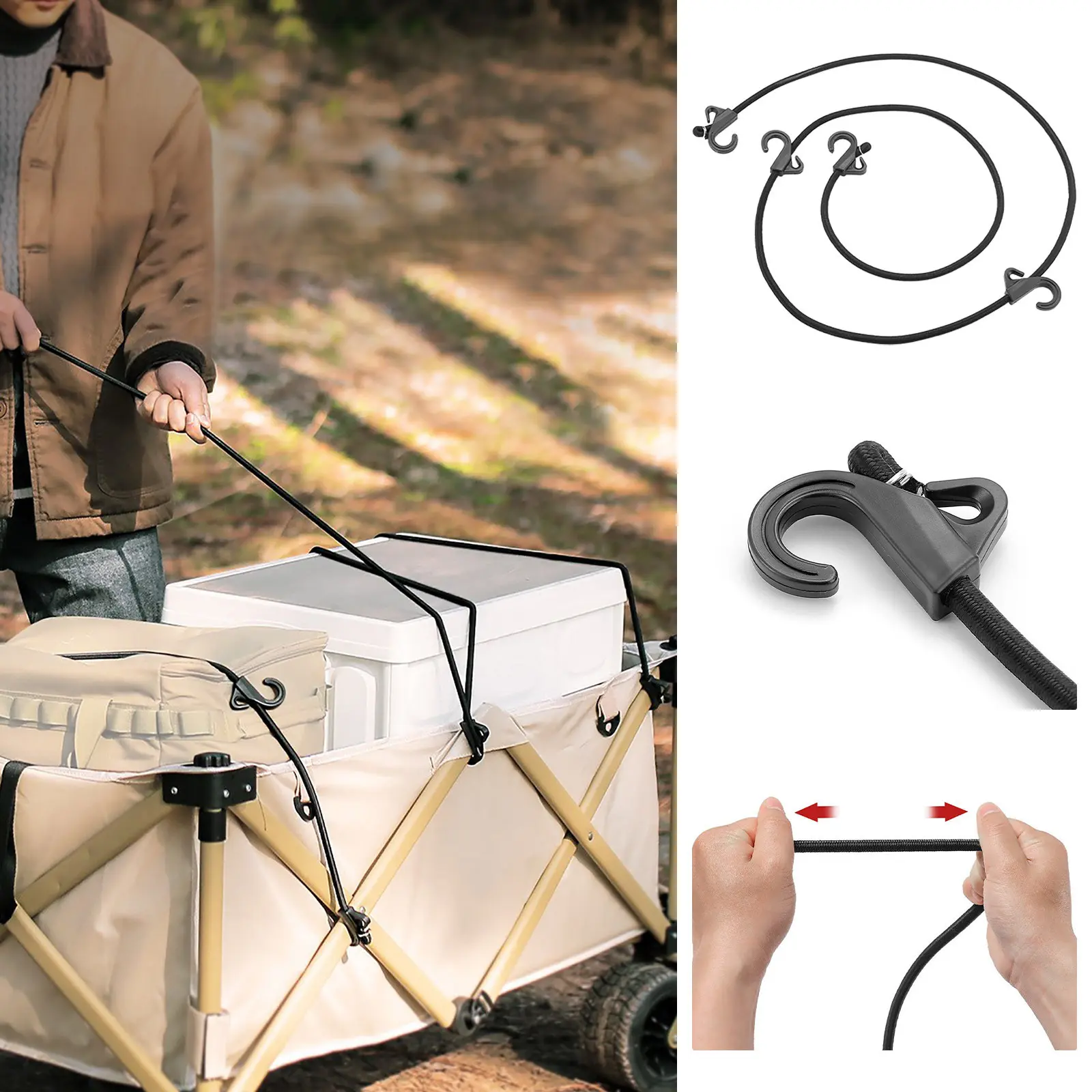 Outdoor multifunctional clothesline with hook, thick elastic rope luggage binding rope, plastic double hook elastic rope for camper 8mm