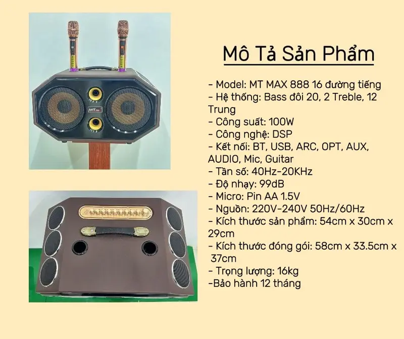 Loa Karaoke Xách Tay Bọc Da Cao Cấp MT MAX-888 16 Đường Tiếng, Bass Đôi 20, 2 Treble, 12 Trung ,Công Suất 1200W 5