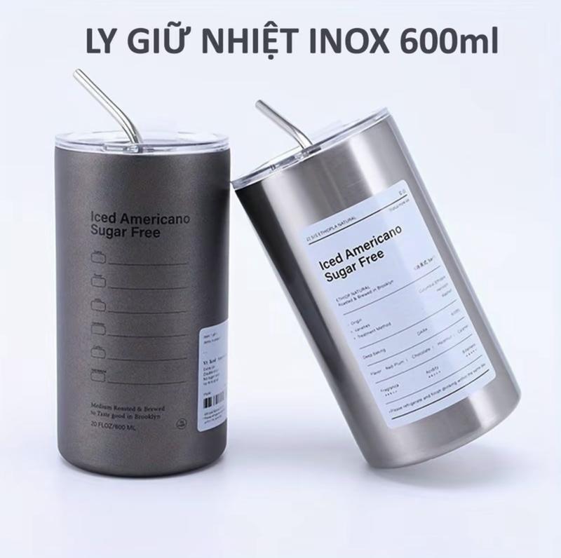 Cốc Giữ Nhiệt iced Americano 600ML Inox 304 Có Nắp Đậy Tặng Kèm Ống Hút