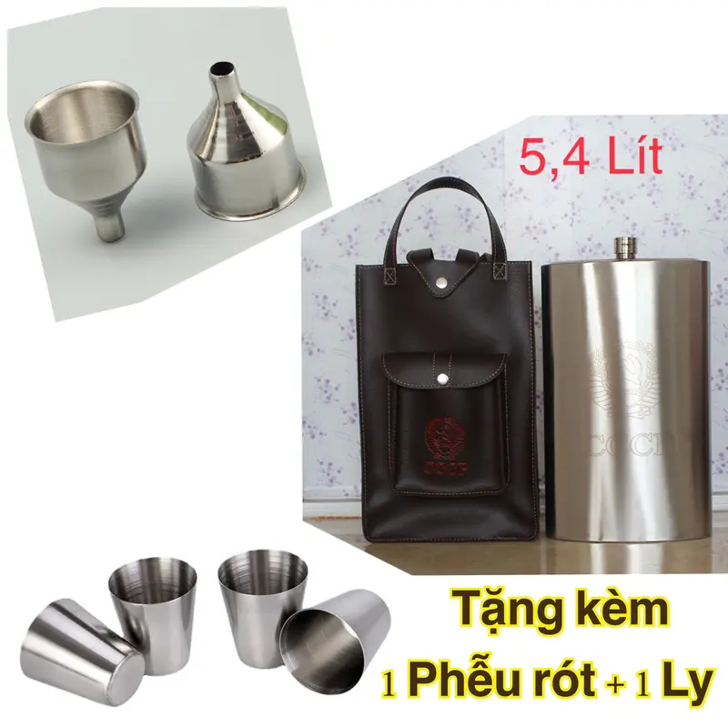 Bình tông đựng nước Dung tích 5L Lít Inox 304, tặng bao đựng như hình, hàng dày 0,6mm Bình tông CCCP, có Ly và Phễu 0