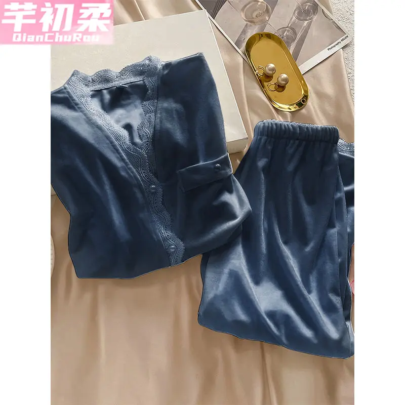 Đồ Ngủ Nhung Kim Cương, Cao Cấp, Dành Cho Nữ, Mùa Thu Và Mùa Đông, Bộ Đồ Mặc Nhà Dài Tay, Phong Cách Pháp Ngọt Ngào, Hàng Mới Về 2024, Cổ Búp Bê Cạp Cao Women 6