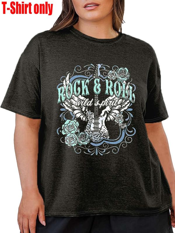 【Plus Size】 Women's Rock & Roll Letter & Guitar Print Round Neck Tee, Casual Short Sleeve T-shirt for Daily Wear, Ladies Clothes for All Seasons 4