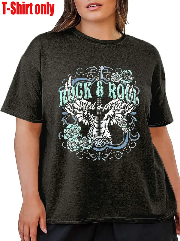 【Plus Size】 Women's Rock & Roll Letter & Guitar Print Round Neck Tee, Casual Short Sleeve T-shirt for Daily Wear, Ladies Clothes for All Seasons 4