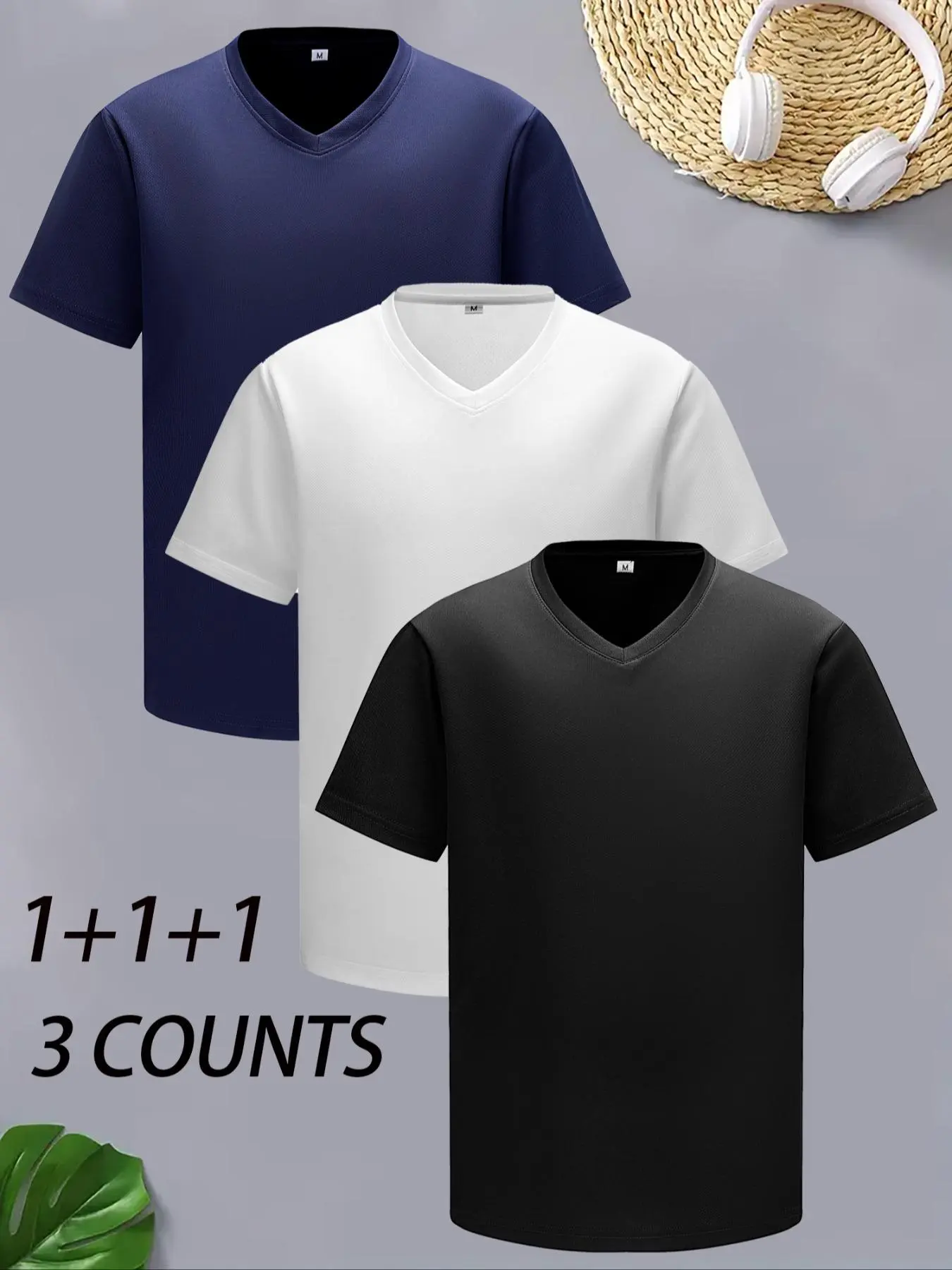 Men's Solid V Neck Short Sleeve Tee, Breathable Sweat-absorbing T-shirt, Casual Sporty Top for Daily Wear, Cycling, Running