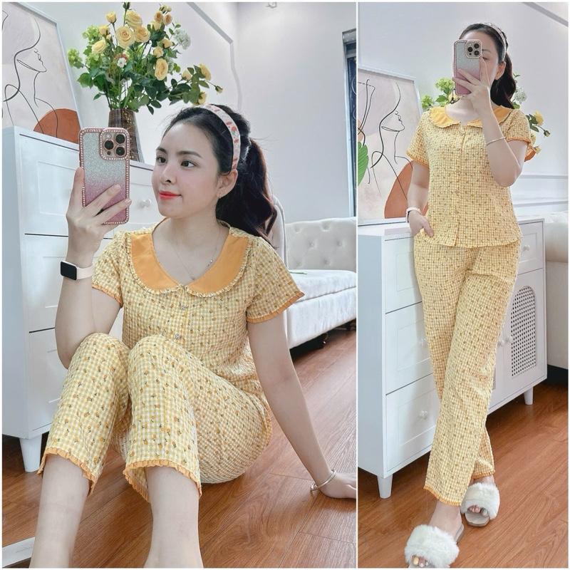 Bộ thô xốp cổ sen kẻ hoa nhí vàng