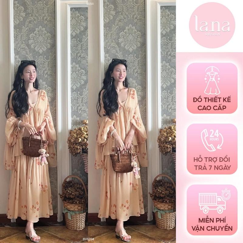 Váy Thuần Túc thiết kế cao cấp La.na set váy bánh bèo dài tay nữ tính hoạ tiết hoa - SV6704