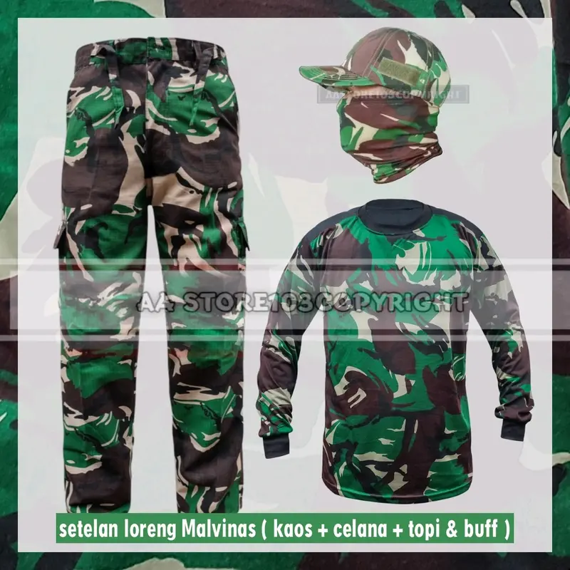 Satu Set Setelan Kaos Loreng Lengan Panjang ( kaos + celana + Topi & buff ) 0
