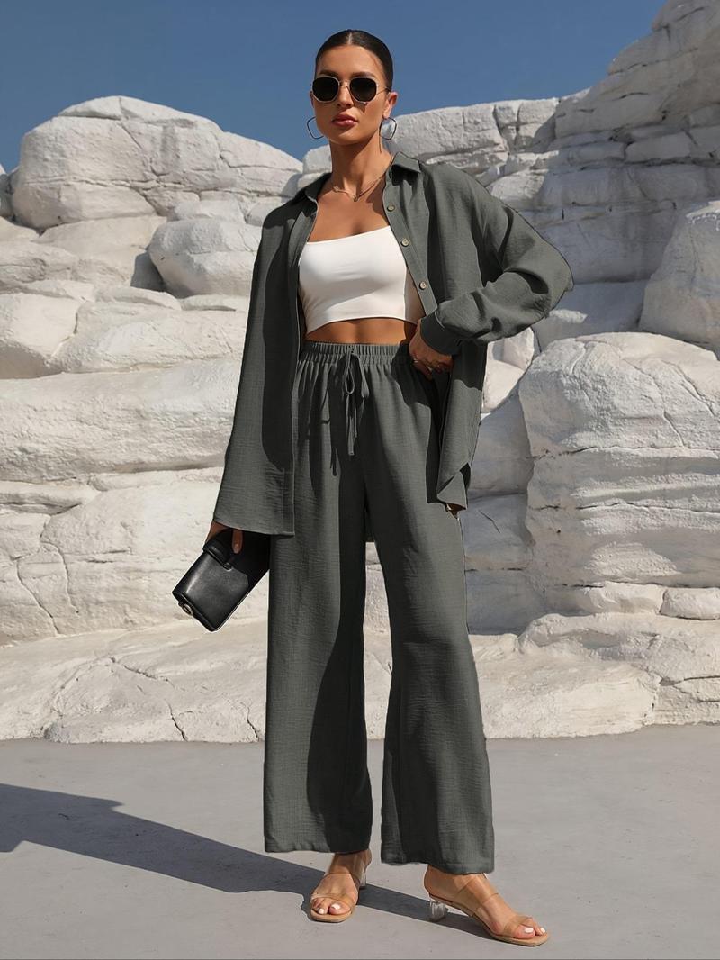 Product Introduction of WOMEN'S solid button front shirt & tie front wide leg pants two-piece set; casual drop shoulder long sleeve top & high waist settee 2 piece set for spring & Fall, WOMEN'S lounge clothes for daily wear 7