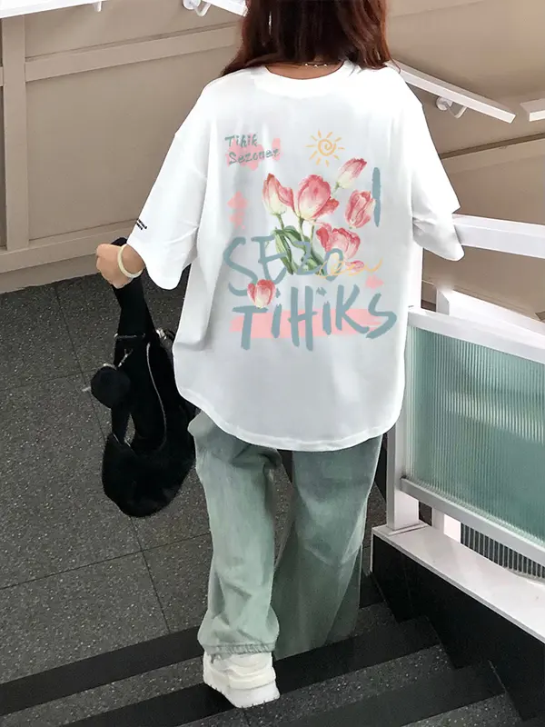 A0040 korean style kaos atasan tulip wanita lengan pendek oversize printed t-shirt baju wanita fashion charmfad.id 2