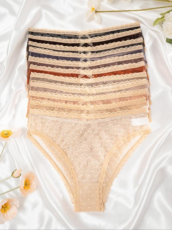 Women's Cute Heart Print Bow Front Contrast Lace Scallop Trim Knicker, Soft Comfy Breathable Cozy Contrast Mesh Panty for Daily Wear, Underwear for All Seasons 3