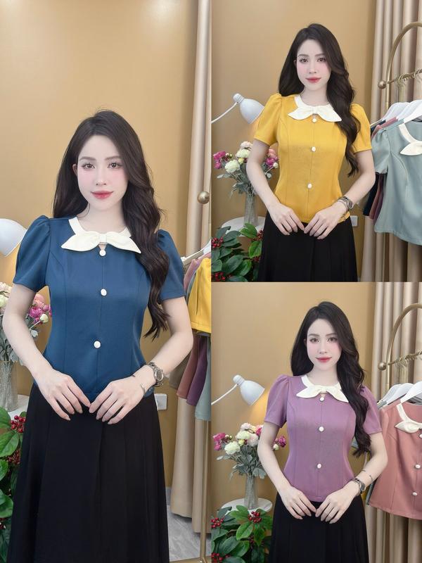  Áo sơ mi PEPLUM mã A41 cổ nơ 2 lá siêu xinh áo peplum peplum xu huong Nữ Top Voan 