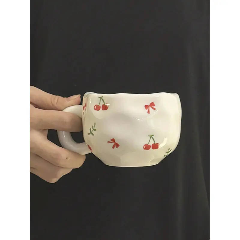 2025 NEW 1pc Retro Strawberry Flower Ceramic Cup, Hand Painted Butterfly&Cherry Asymmetrical Shape Coffee Cup, Tea Latte Mug, Breakfast Milk Cup, Water Cup, Gift (Easter Gifts) 5