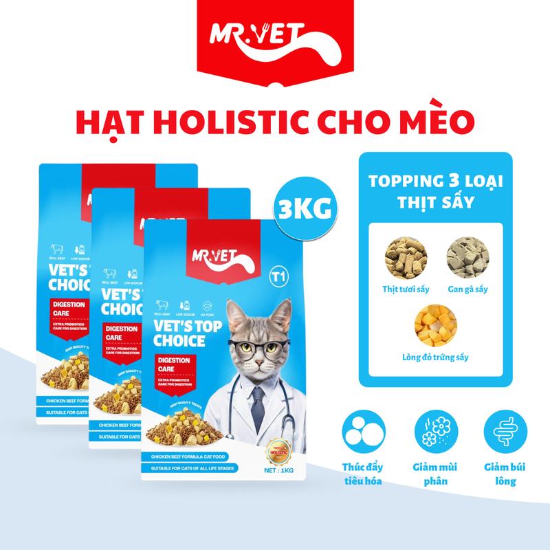 [THỨC ĂN CHO MÈO] 3 Túi Hạt Holistic Mr.Vet Thế hệ T1 Túi 1kg thức ăn cho mèo con, mèo trưởng thành với 30% protein có topping thịt và xương tươi, gan gà và lòng dỏ trứng sấy khô