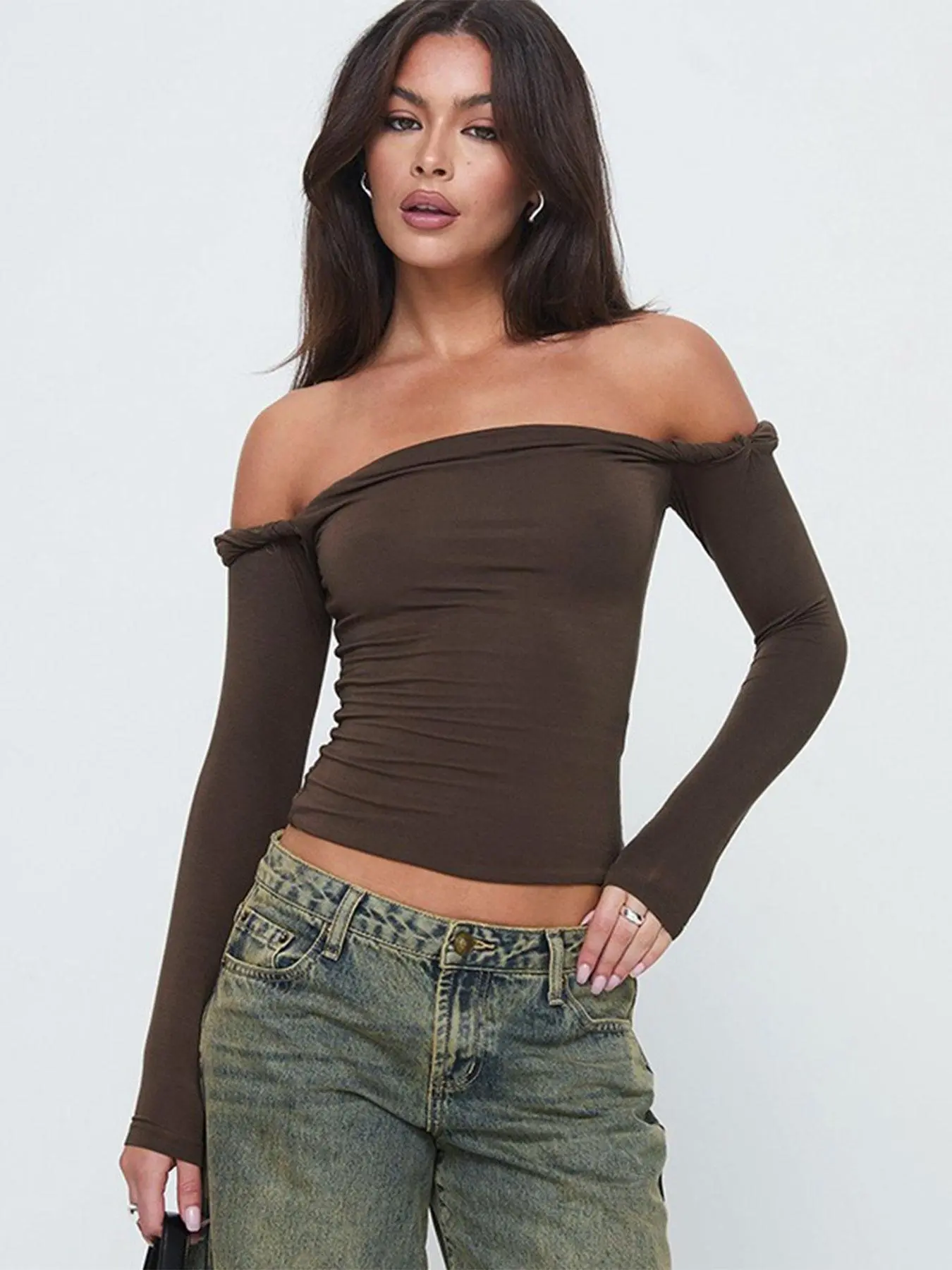 Women's Plain Off Shoulder Tee, Casual Long Sleeve T-shirt for Spring & Fall, Women's Top for Daily Wear