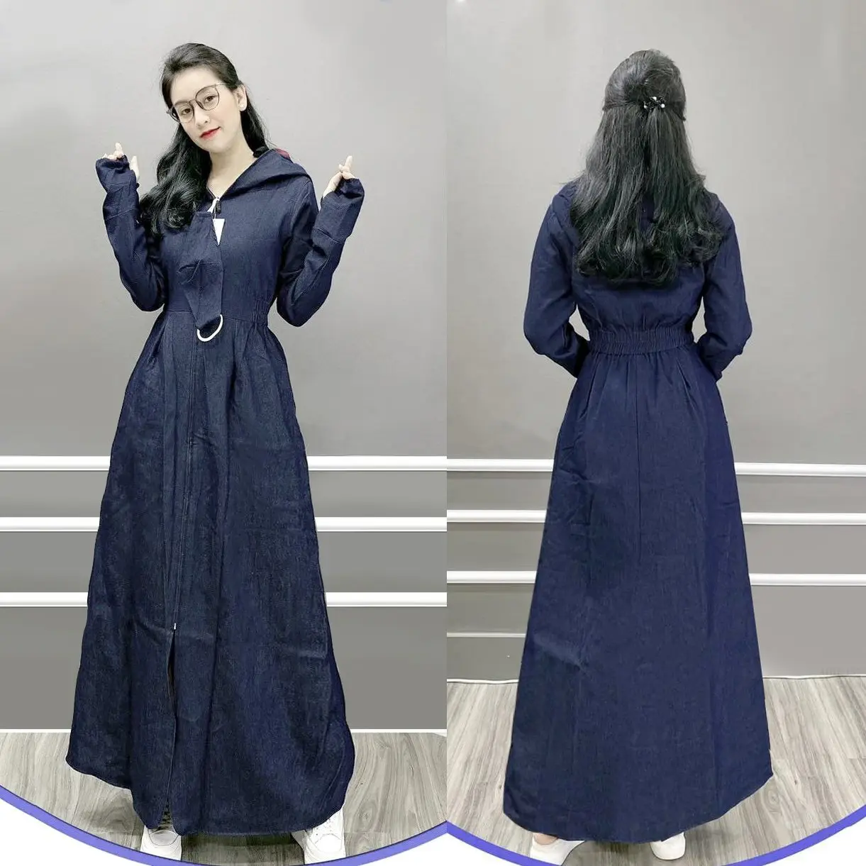 Áo chống nắng toàn thân nữ vải bò Jean 2 lớp dài kín chân dáng xòe không xẻ sau - ao chong nang toan than nu vai bo 2 lop day dan Sport