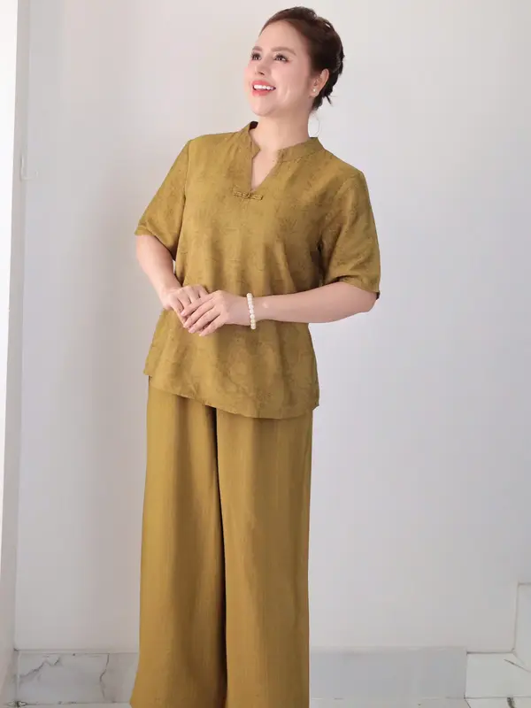 Đồ bộ trung niên, đồ bộ nữ, đồ bộ mặc nhà cho mẹ cổ cách tân chất tơ Nhật cao cấp MS69 Lanbishop 2