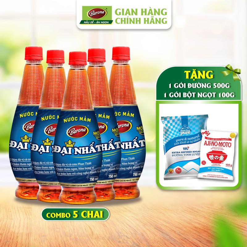 Combo 5 chai Nước Mắm Barona Đại Nhất 12 Độ Đạm - 750ml [Tặng 1 gói đường 500gr và 100g bột ngọt]