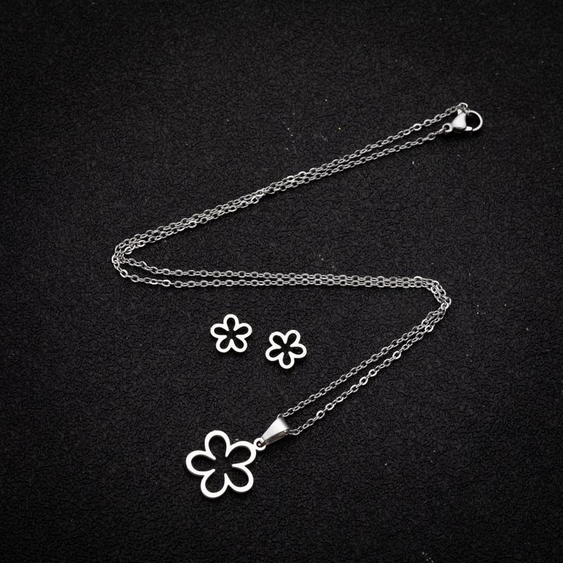 Product Introduction of Ins Style New 18K Gold Plated Stainless Steel Hollow Flower Earrings Korean and Japanese Niche Pendant Necklace Two-Piece Set 4