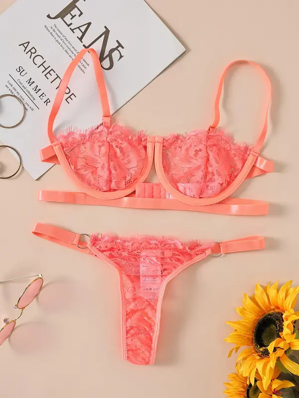 Womenswear Minimalist Lace Bra & Thong Set, Breathable Adjustable Strap Wireless Bra & Ring Linked Panty Sexy Lingeries Set, Valentine's Day Gift, Summer Wear 2024, Comfortable Co Ord Underwear Set, Tall Clothing Women 4