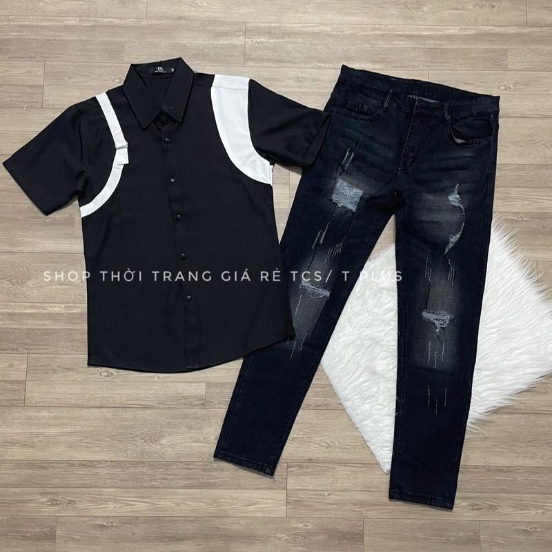 1 bộ ( Áo sơ mi ngắn tay chất lụa mango dày đẹp và quần jeans đen xám rách , co giản, ôm gọn ) size 45-75kg dành cho nam